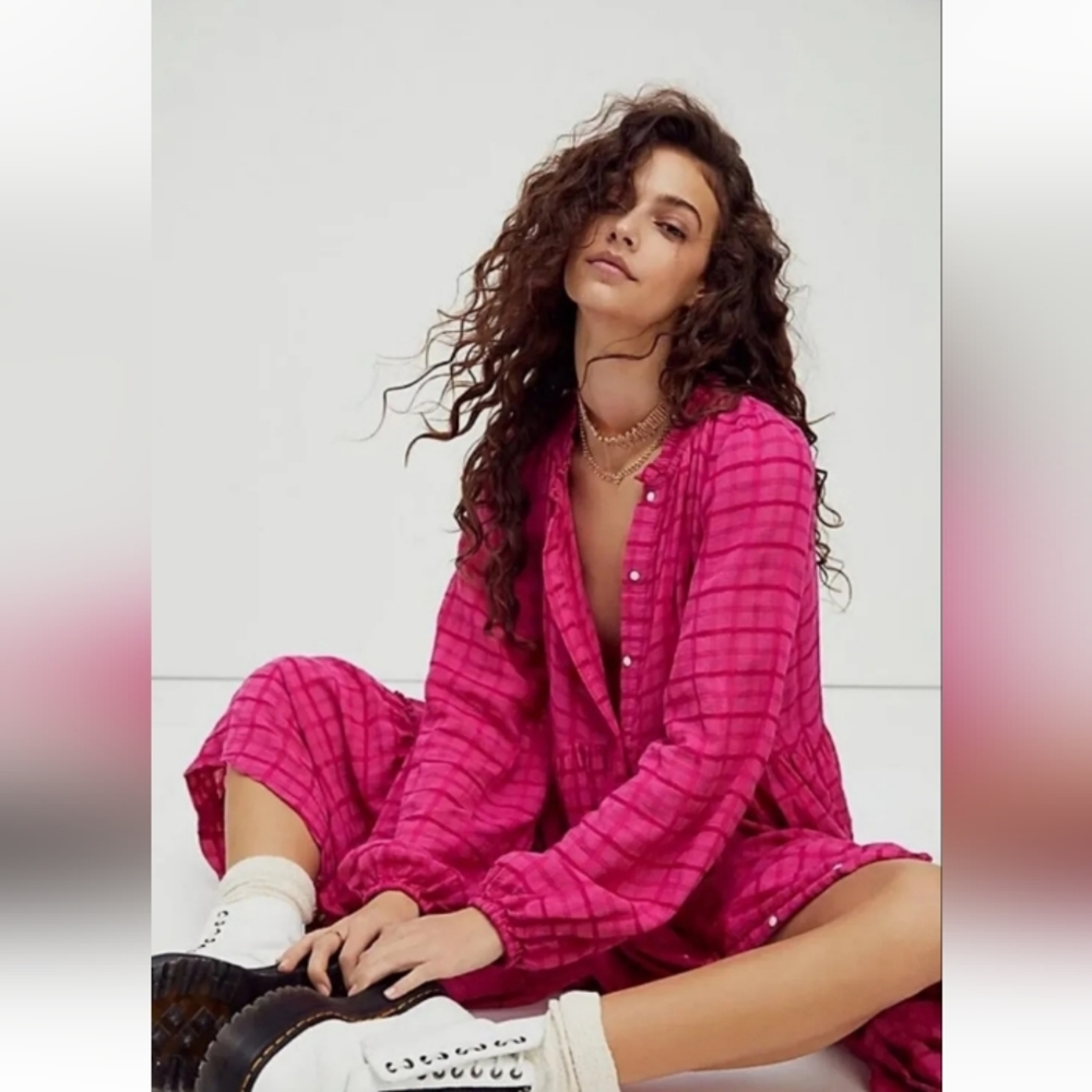 Free People Hot Pink Plaid Button-Front Dress